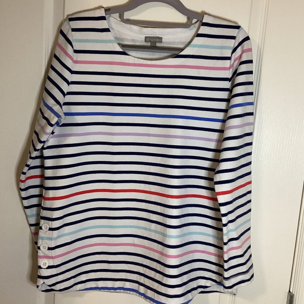 T by Talbots Women's White Striped Long Sleeve Pullover Top Stretchy Size LP